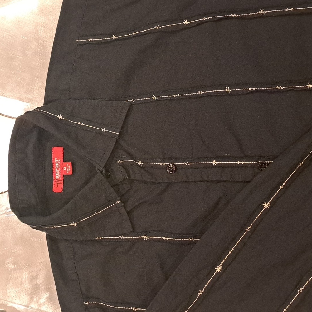 Report, Size Medium, Black/Gold Embroidered, Long Sleeve Casual Shirt